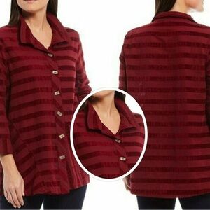 John Mark Shirt Top S Red 3/4 Sleeve Striped Burnout Wood Button Up Top Size M